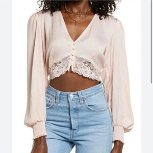 Open Edit Blush Pink Long Sleeve Satin Crop Top Ruched Buttons Victorian Size M